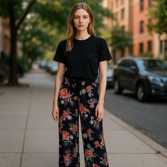 Forever 21 Womens Pants Size M Tropical Floral Wide Leg Black Colorful High Rise - Picture 1 of 6
